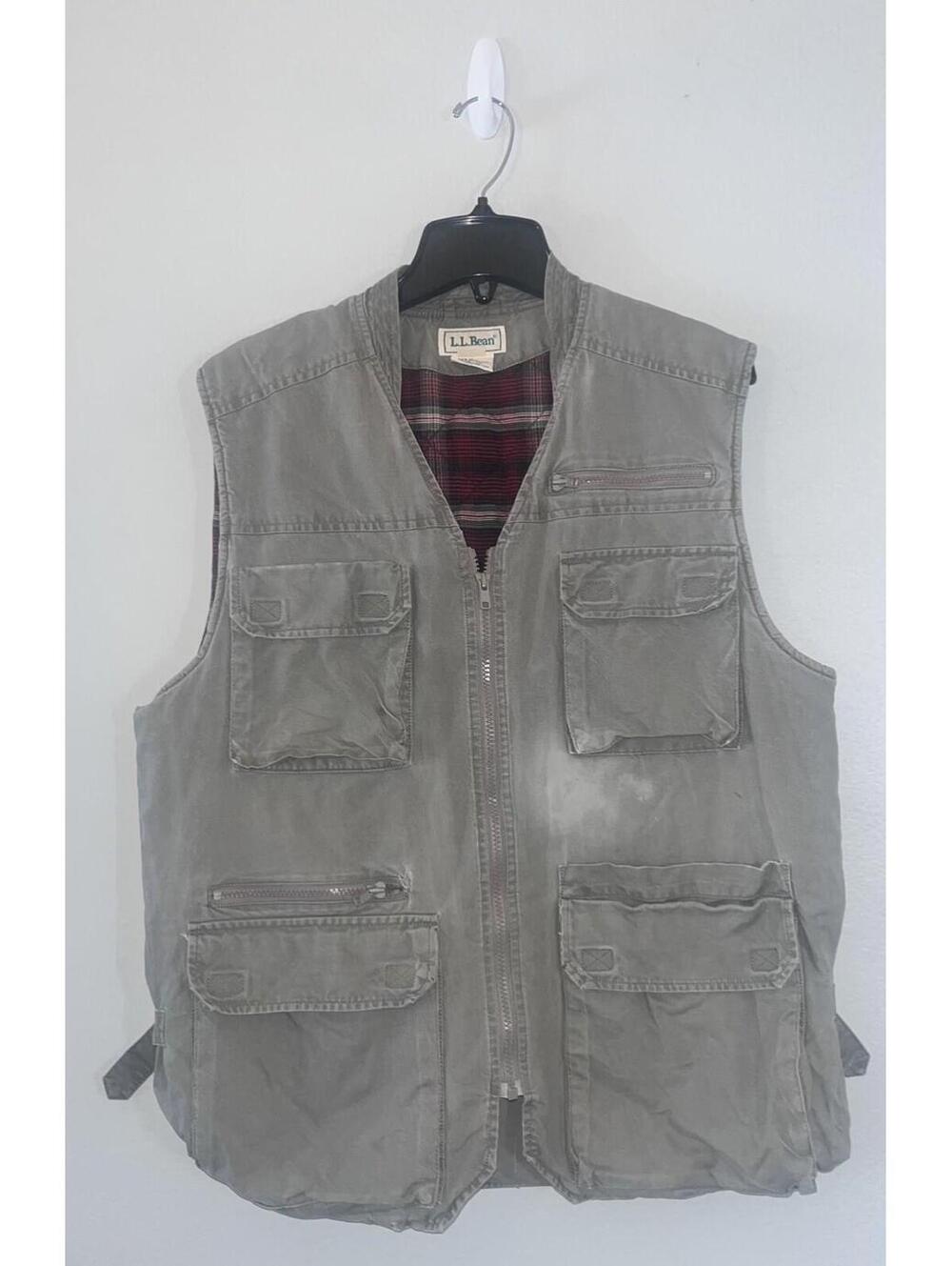 VTG LL Bean Men’s M Flannel Lined Fishing Vest Safari Photograph Full Zip